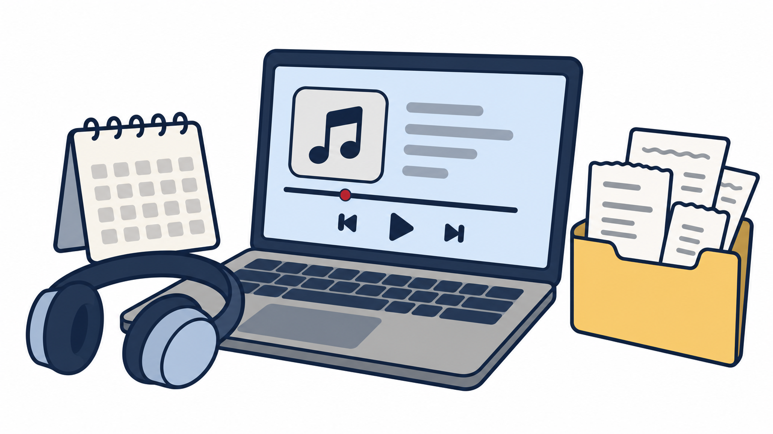 Laptop with a music app and headphones beside a wall calendar and a folder of receipts.