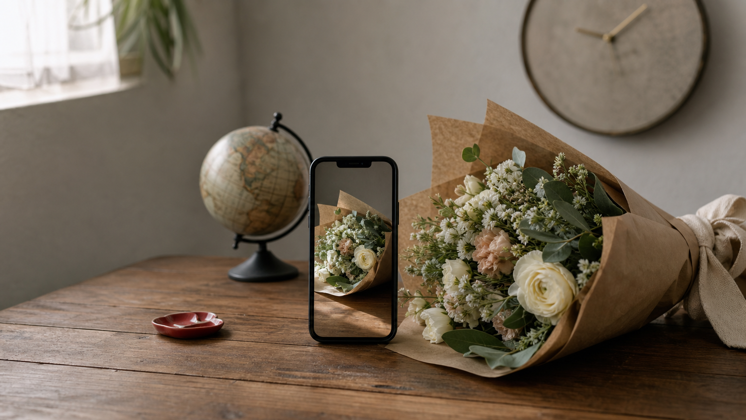 A phone displaying a bouquet photo next to a wrapped bouquet, a globe and a clock.