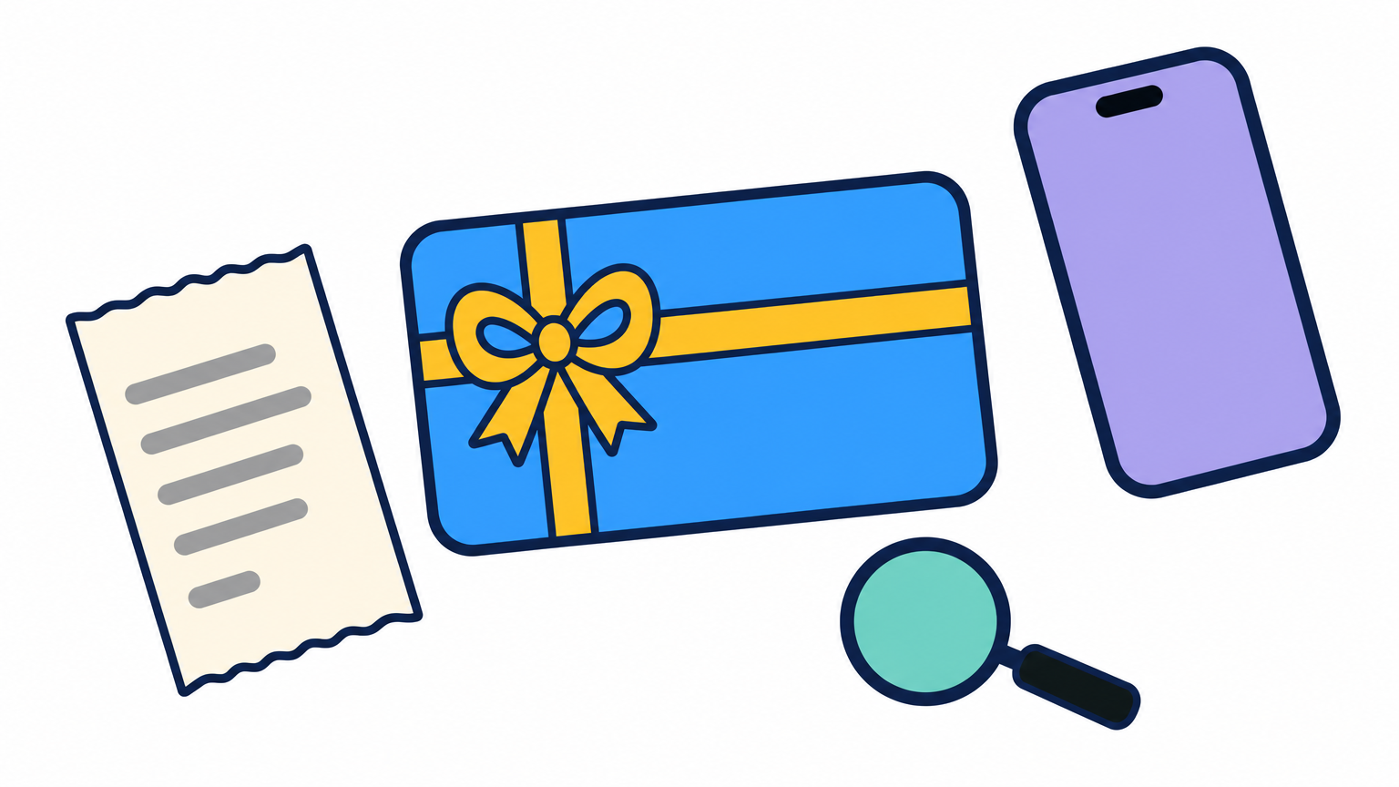 A gift card, smartphone, receipt and magnifying glass arranged on a desk.