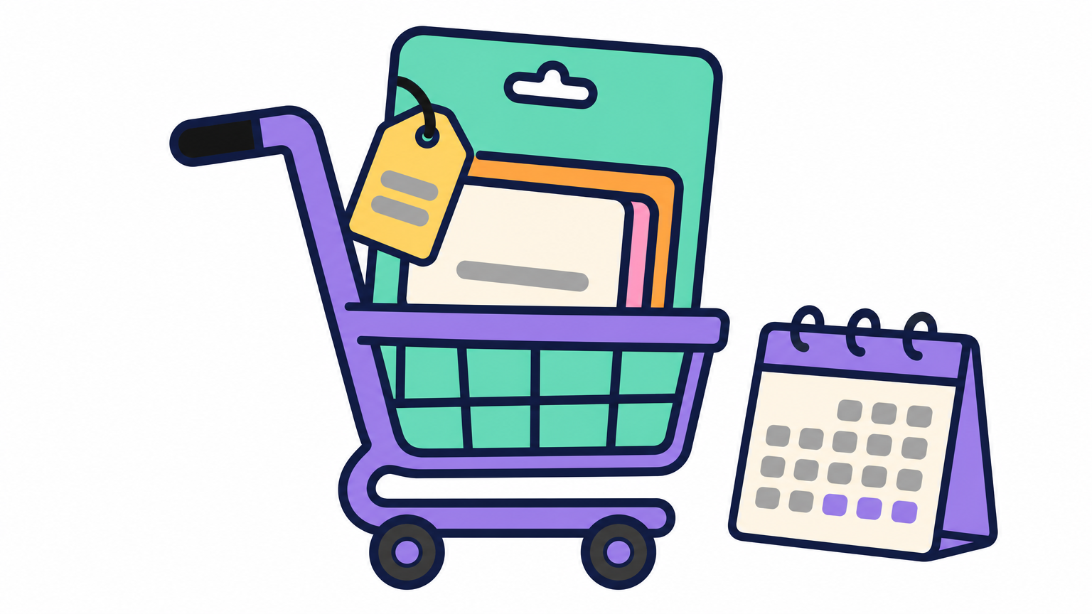 Shopping cart holding a gift card multipack with a price tag and a November calendar page.
