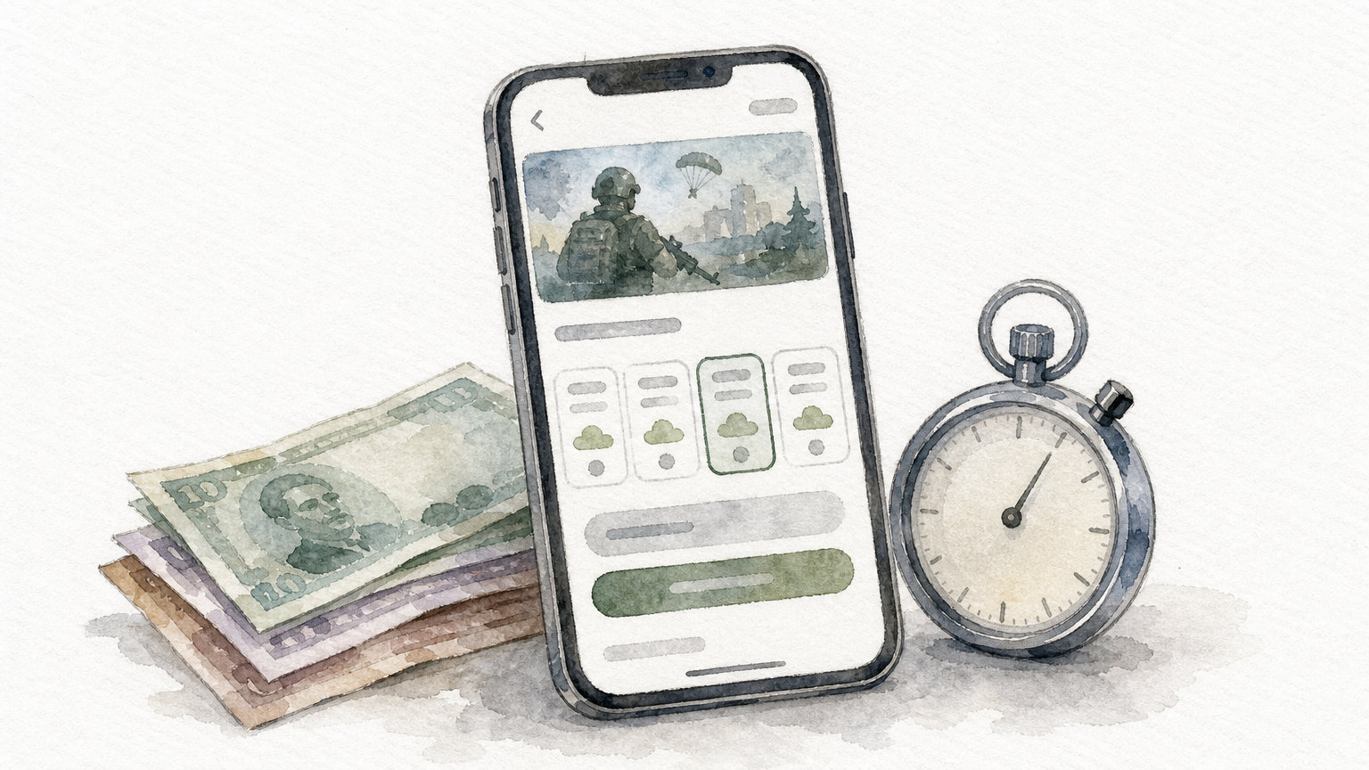 Smartphone at checkout beside taka notes and a stopwatch.