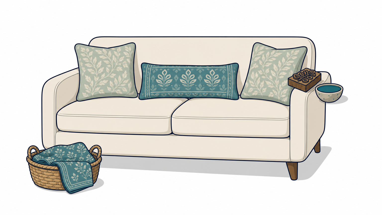 Cream sofa with a teal lumbar pillow and two square pillows, with a wooden printing block nearby.