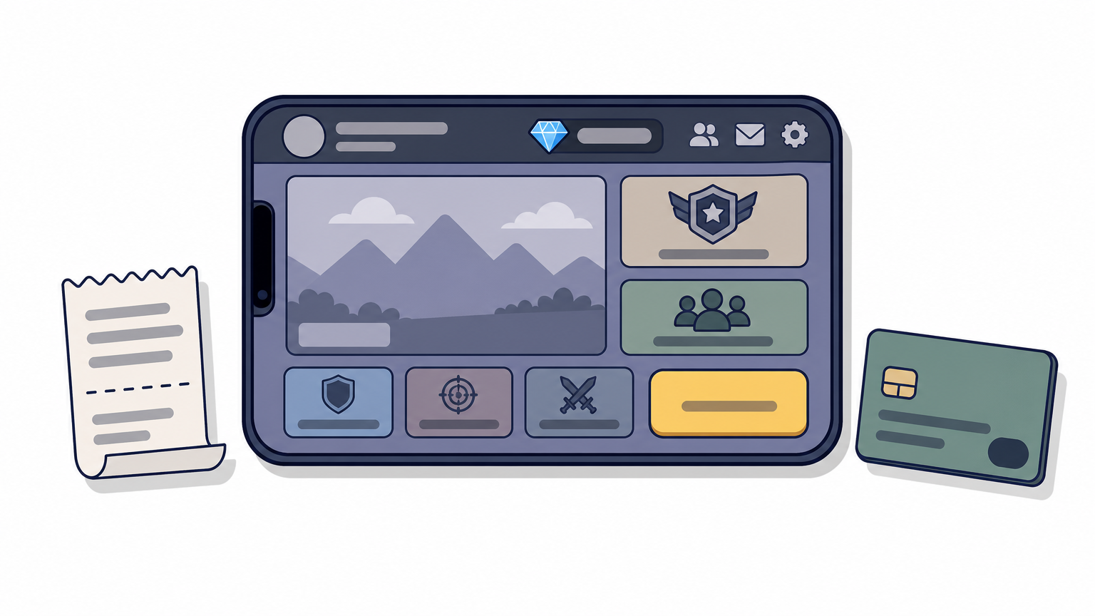 A phone showing a game lobby diamond counter next to a receipt slip and wallet card.