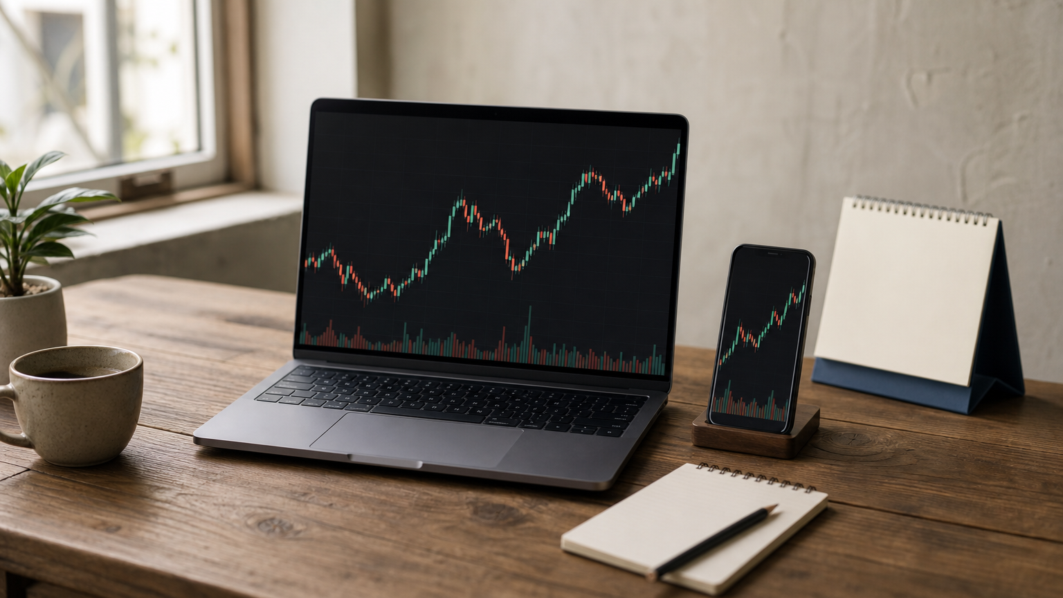 Laptop and smartphone displaying price charts on a desk with a notepad and calendar.