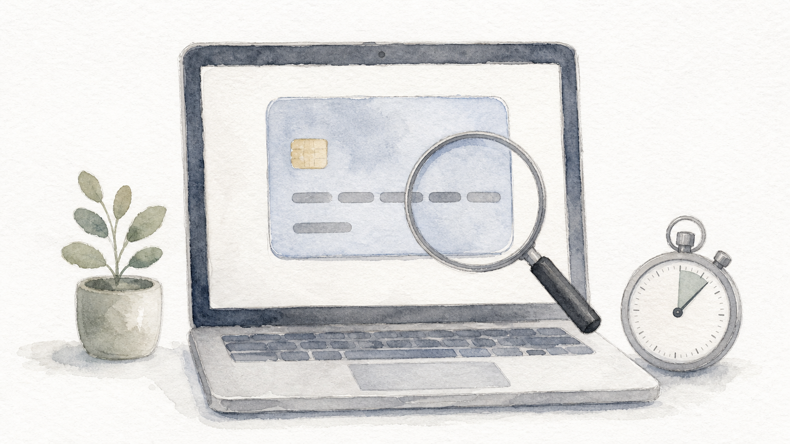 Laptop displaying a payment card with a magnifying glass over its number and a stopwatch nearby.