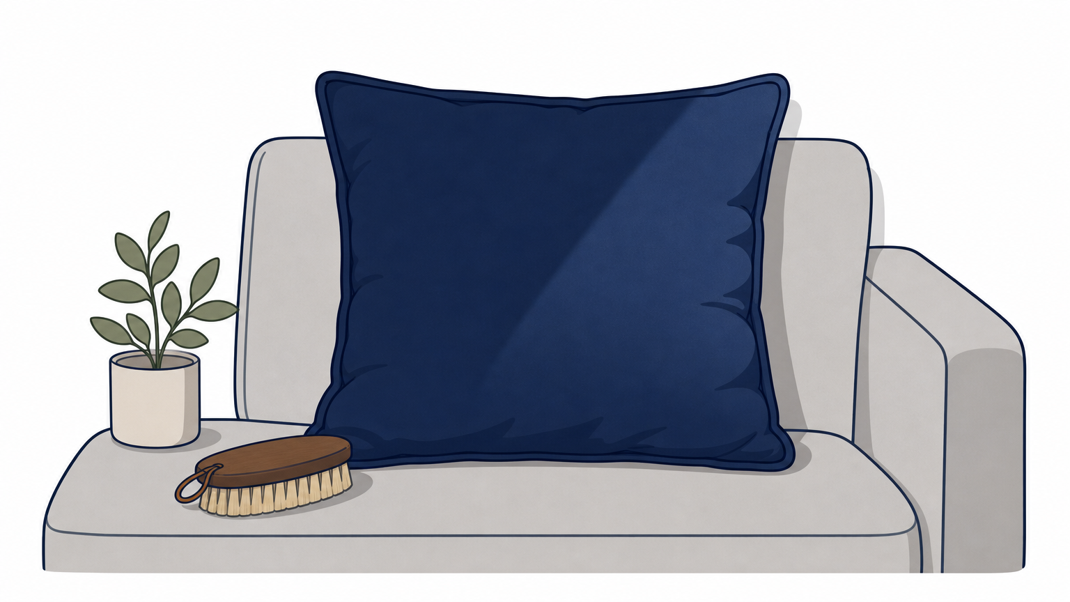Navy velvet pillow on a light gray sofa with a soft brush and a sunbeam.
