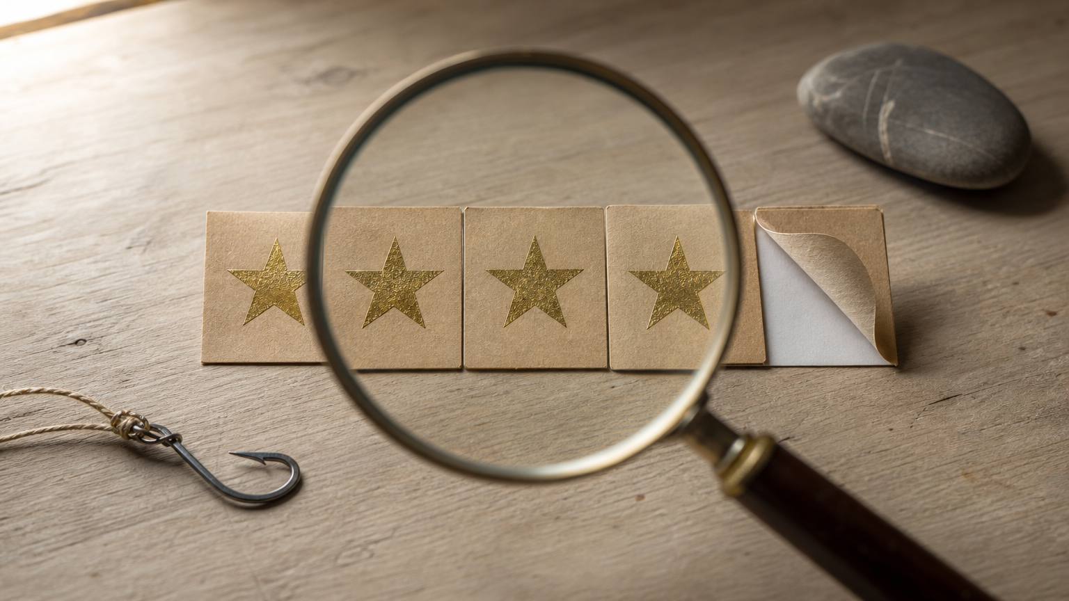 Magnifying glass examining a row of five-star cards, one lifted to reveal blank paper beneath.