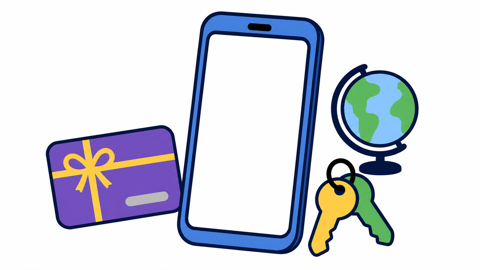 A smartphone with a gift card, small globe and account tags arranged on a table.