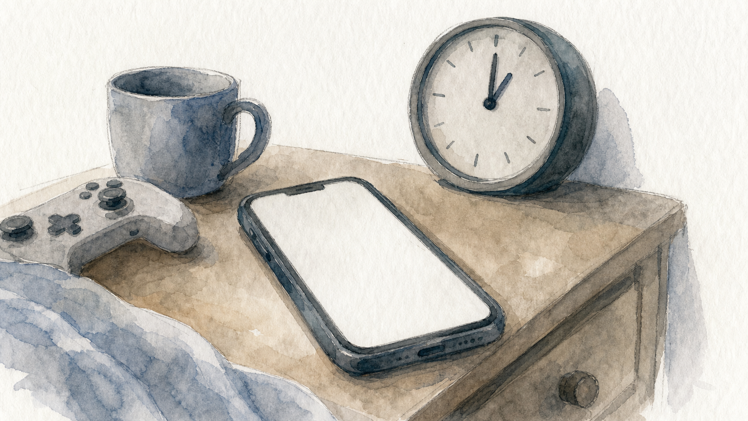 Phone on a bedside table beside a midnight clock, mug, and game controller.