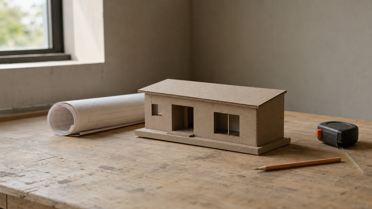 Rolled house drawings, tape measure, pencil, and a small cardboard house model on a drafting table.