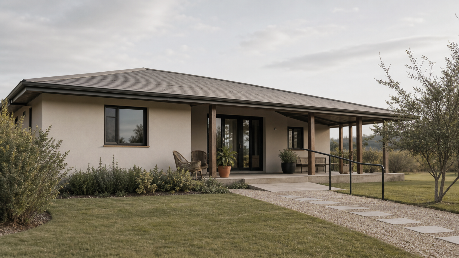 A single-story bungalow with a covered veranda, step-free ramp, and garden path on a wide plot.