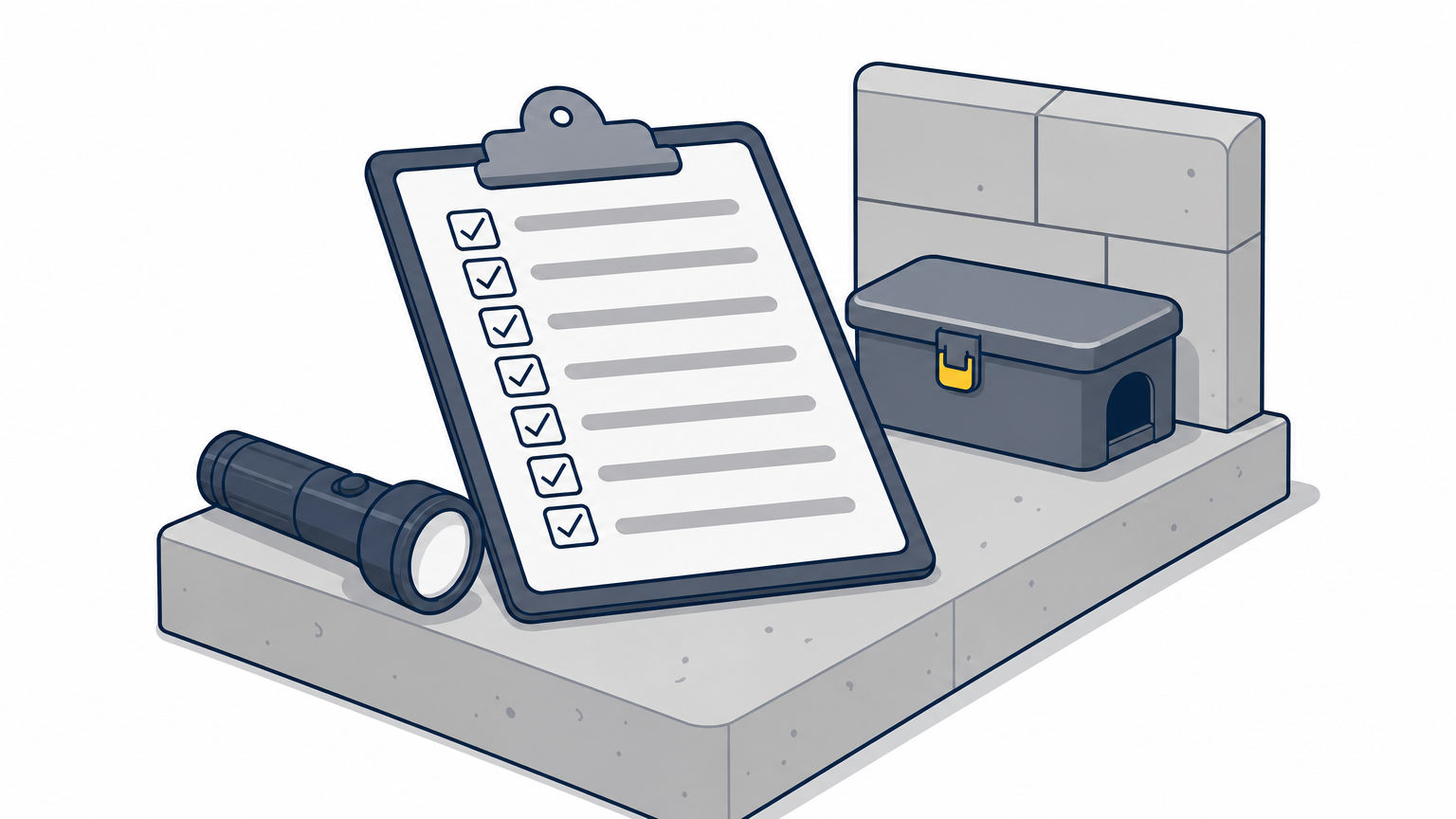 Clipboard checklist and flashlight on a loading dock next to a bait station.