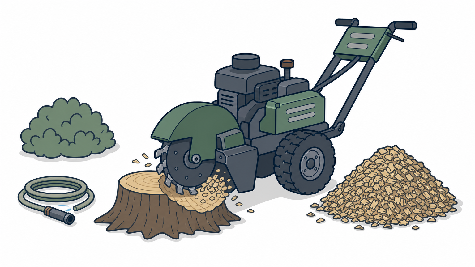 A stump grinder cutting into a tree stump in a lawn with wood chips piled beside it.
