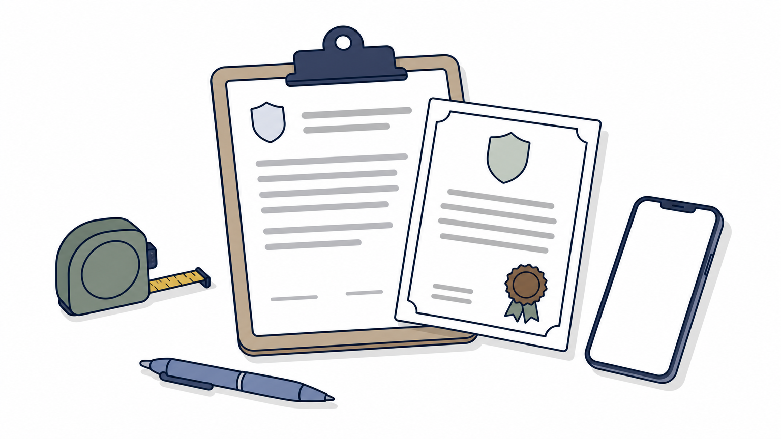 A clipboard with license and insurance forms next to a pen, tape measure, and smartphone.