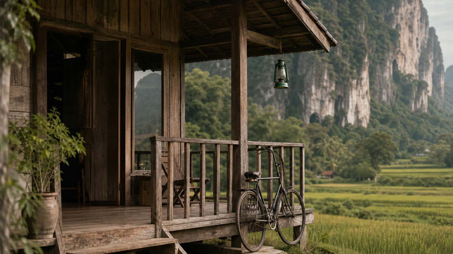 Un homestay en bois avec terrasse donne sur des rizières et des falaises calcaires, un vélo contre la rambarde.