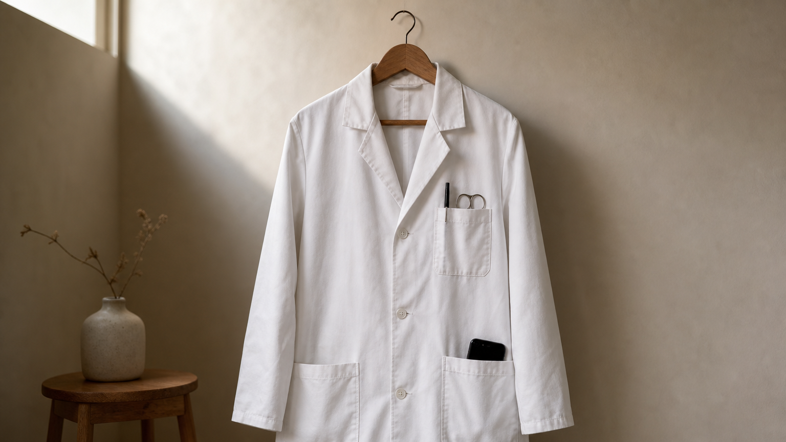 A white lab coat on a hanger with a pen, scissors and phone in its pockets.