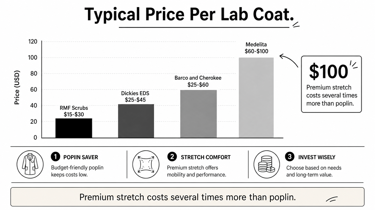 Bar chart comparing price ranges of lab coats from four brands.