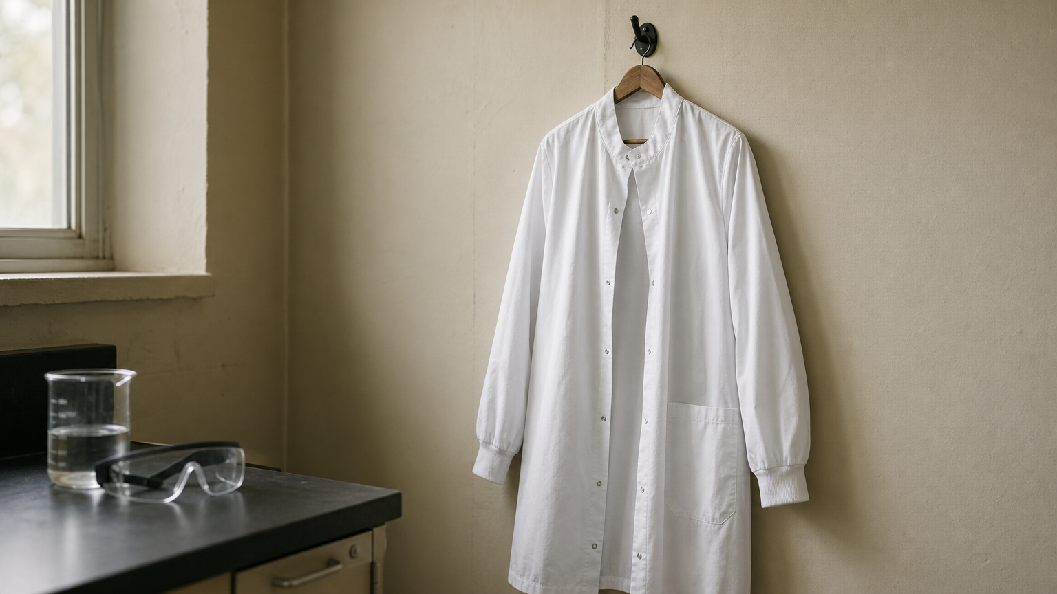 A snap-front white lab coat hanging beside a lab bench with a beaker and goggles.