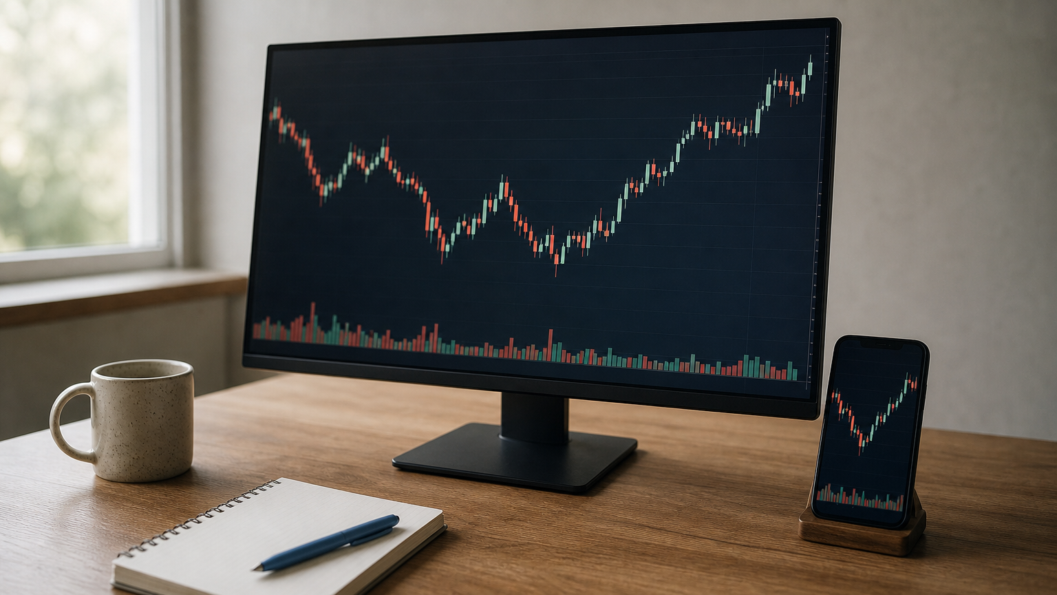 Monitor and smartphone both displaying a candlestick trading chart on a desk with a mug and notepad.