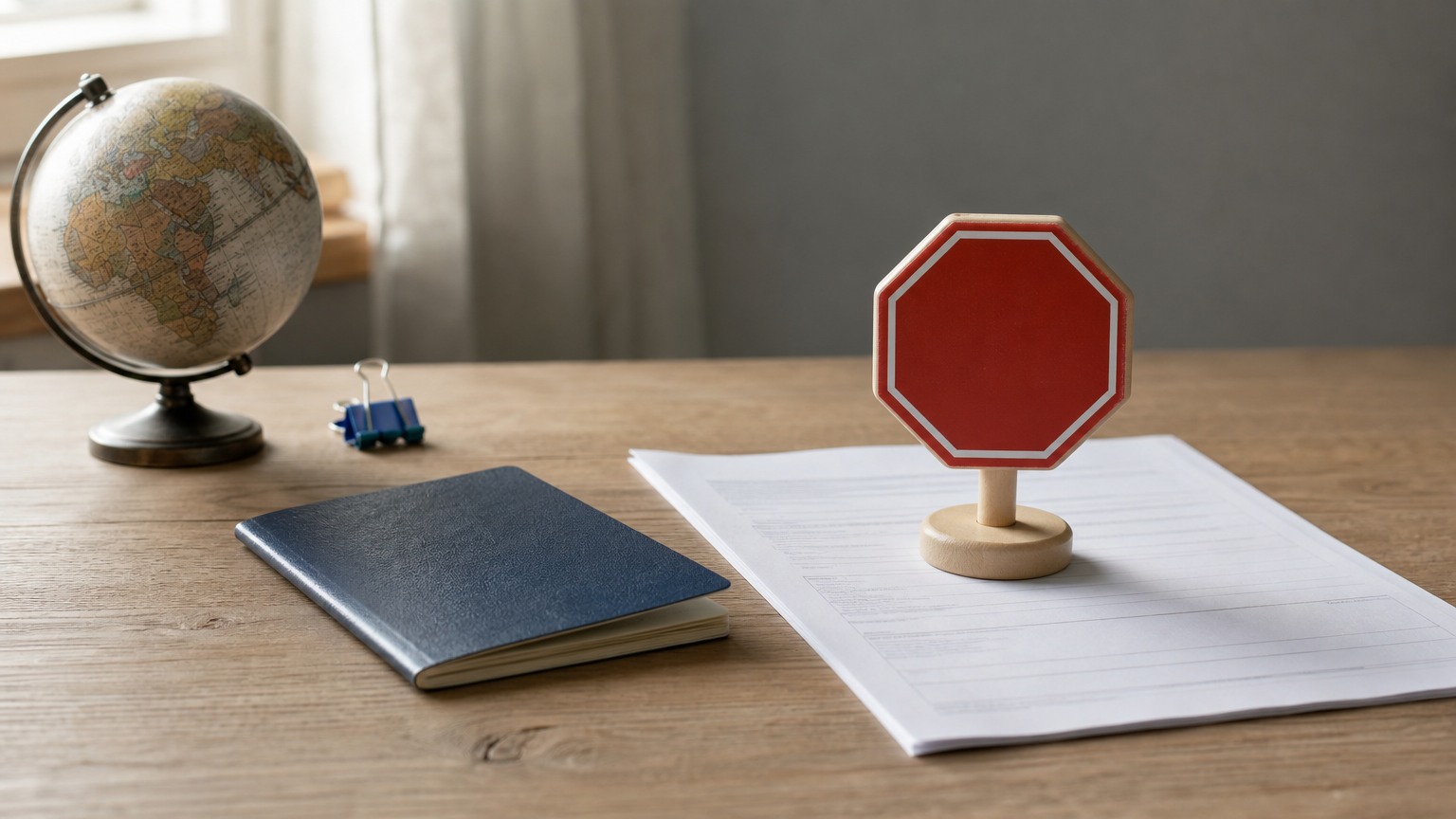 Passport, globe and application form on a desk with a small stop sign blocking the form.