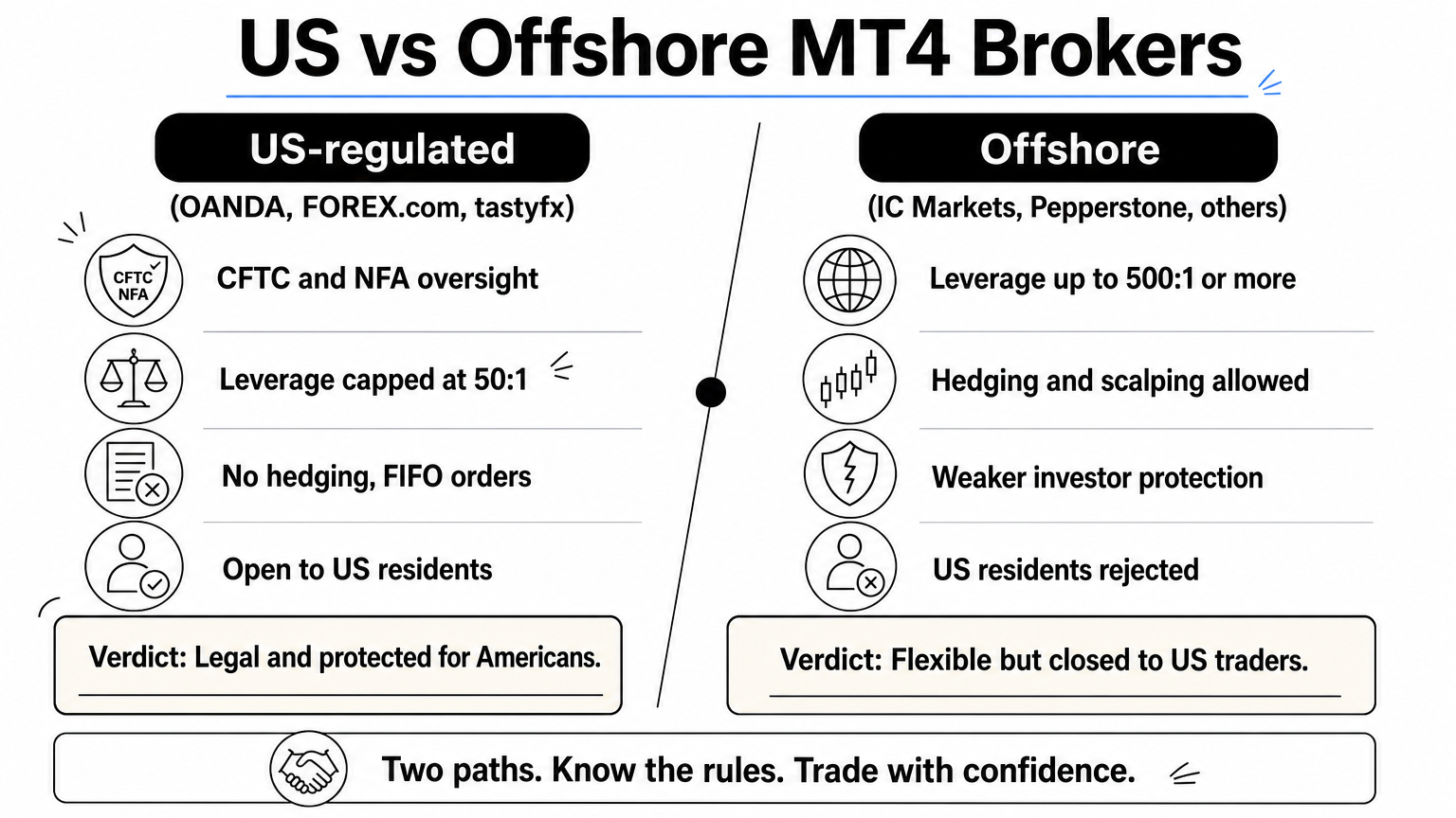 Comparison of US-regulated MT4 brokers and offshore MT4 brokers across leverage, hedging, protection and access.