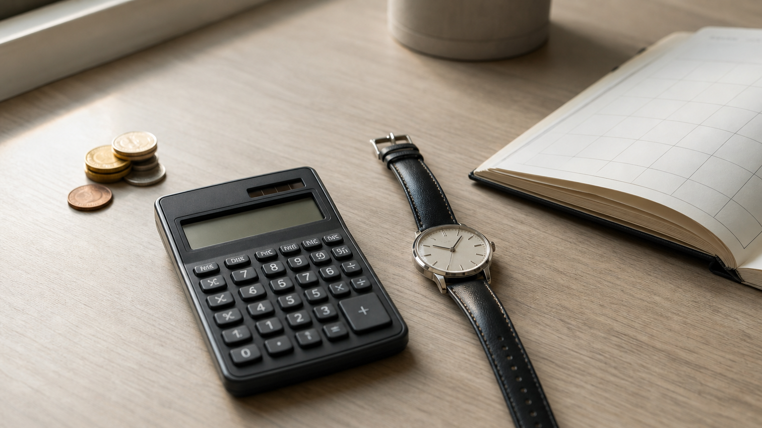 Taschenrechner, Armbanduhr, Münzstapel und Kalender liegen auf einem Schreibtisch.