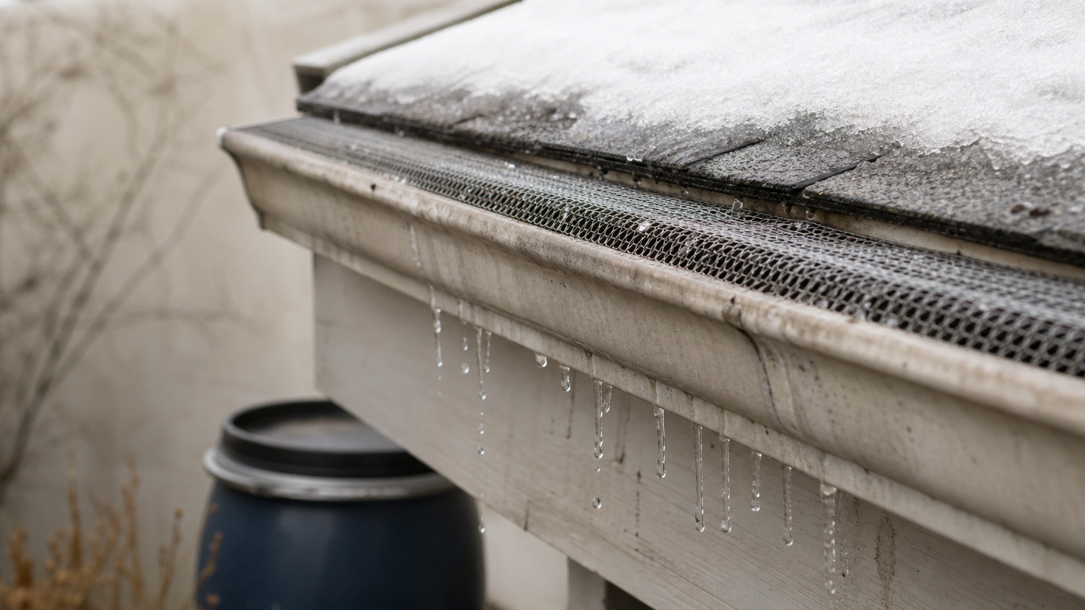 Cross-section of a gutter with mesh guard under wet snow, water dripping through and icicles on the eave.