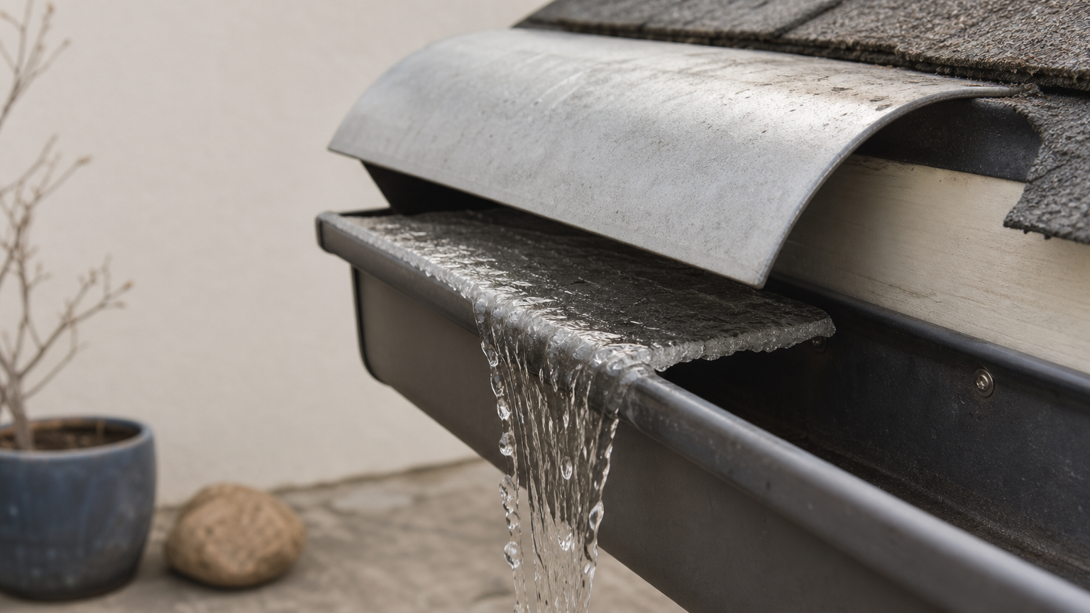 Side view of a curved gutter hood with ice across its slot and water spilling over the edge.