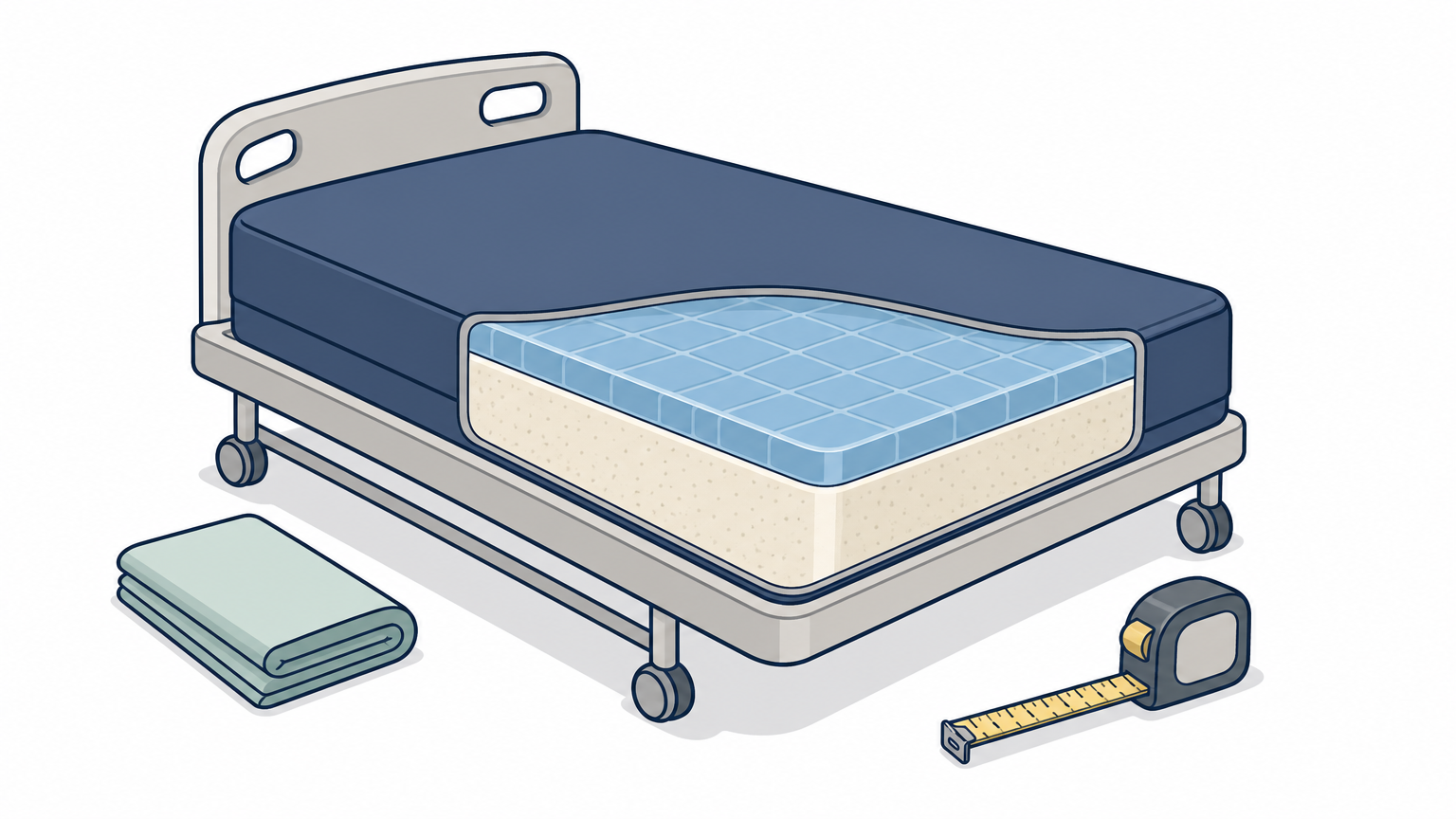 Cutaway of a gel foam overlay on a hospital mattress with a tape measure beside it.