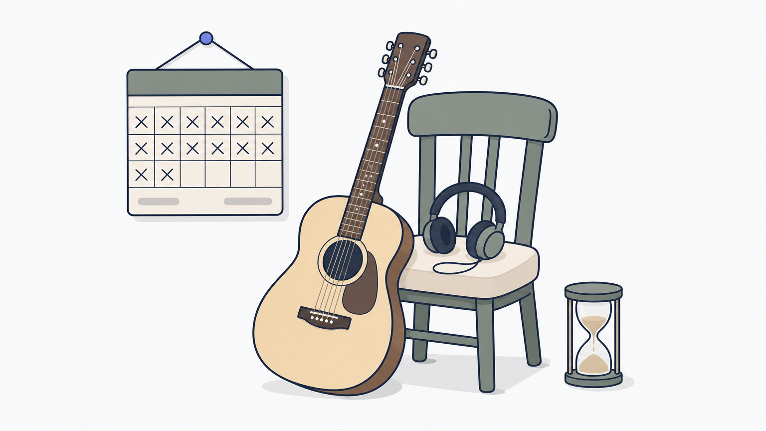 An acoustic guitar leaning on a chair beside a wall calendar, an hourglass, and headphones.