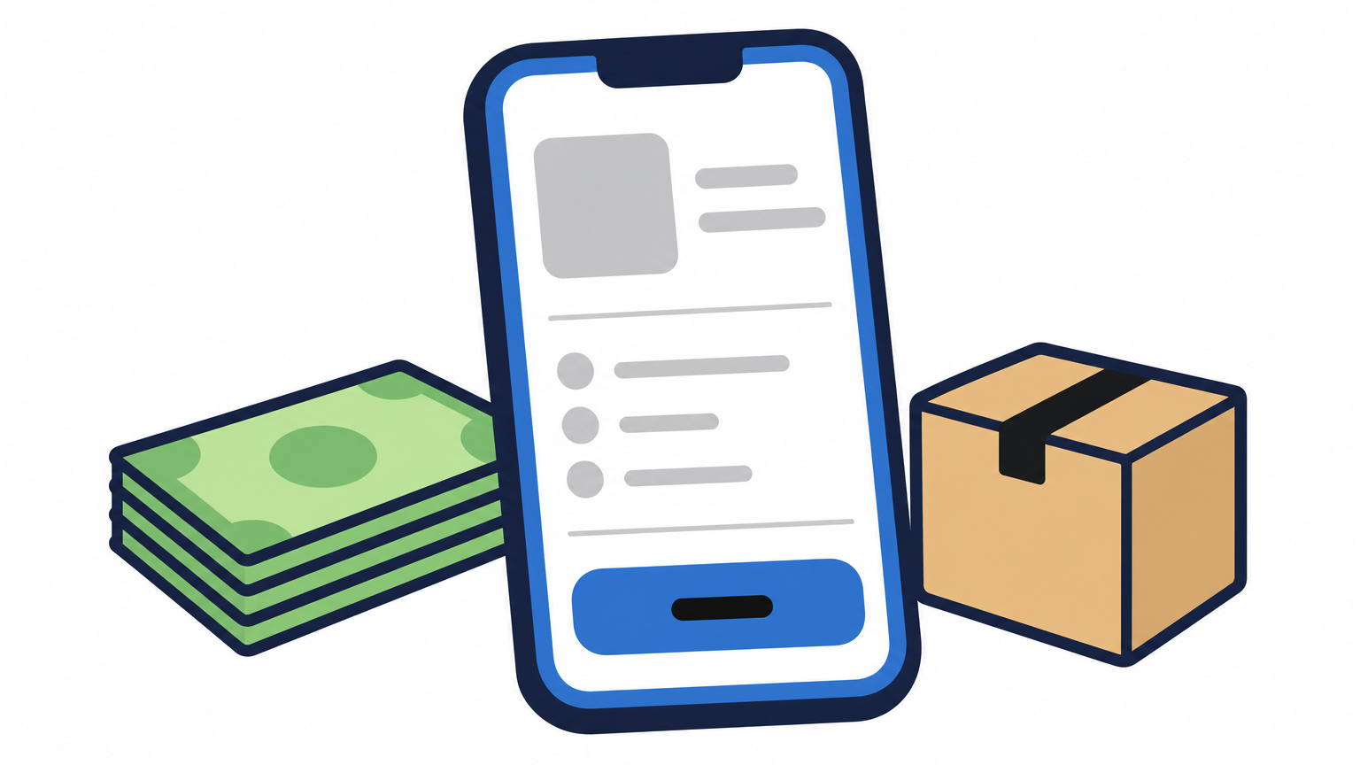Smartphone checkout beside Vietnamese banknotes and a small parcel on a shop counter.