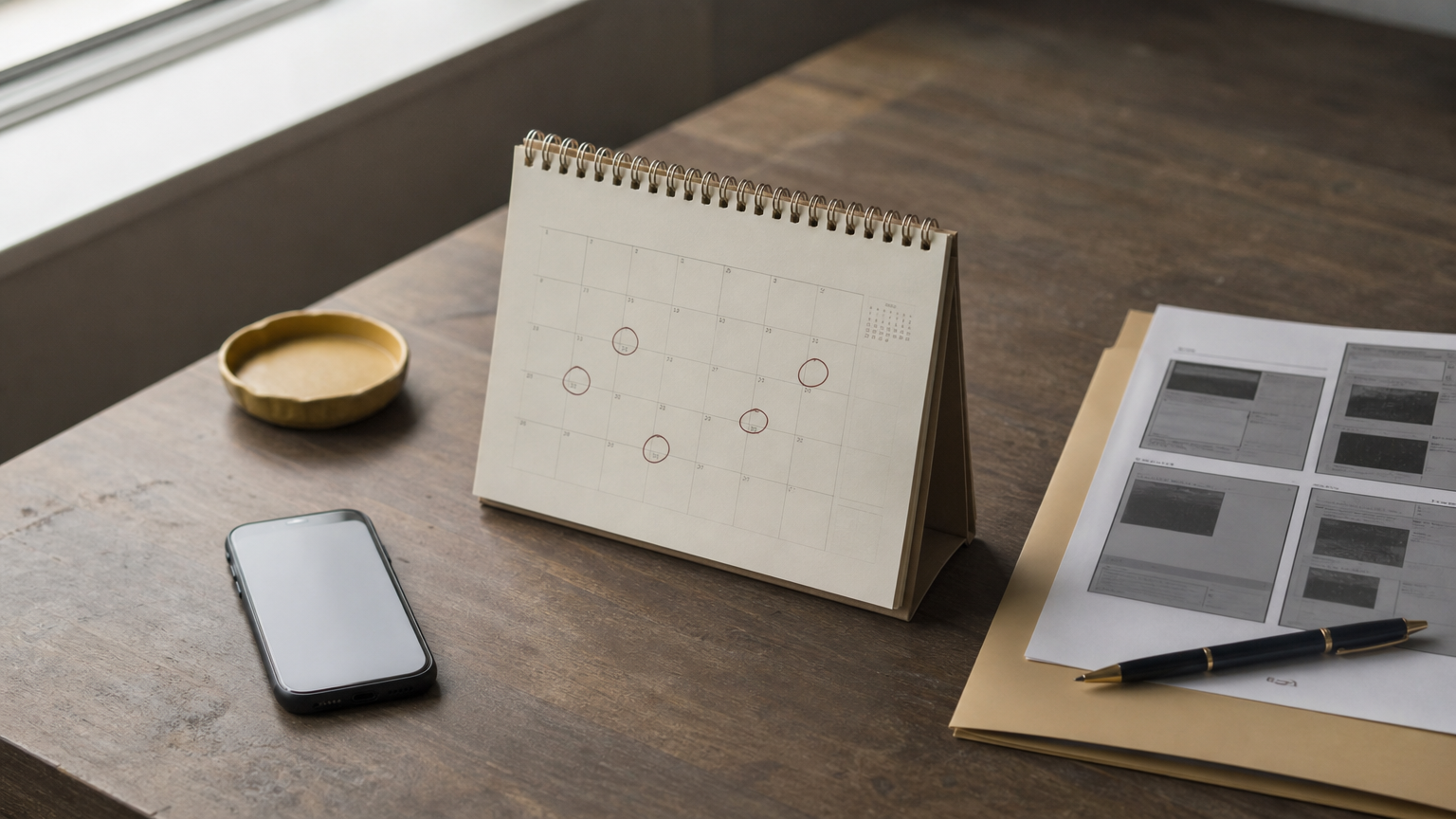 Desk with a marked calendar, a phone with messages, and a folder of printed screenshots.