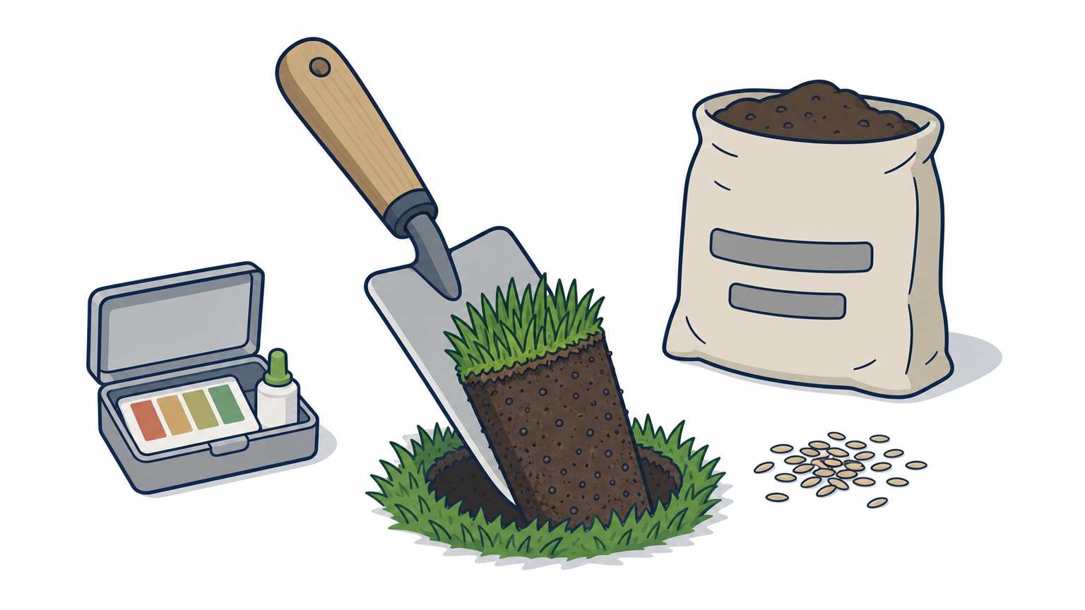 Trowel lifting a soil sample from a lawn beside a pH test kit and compost bag.