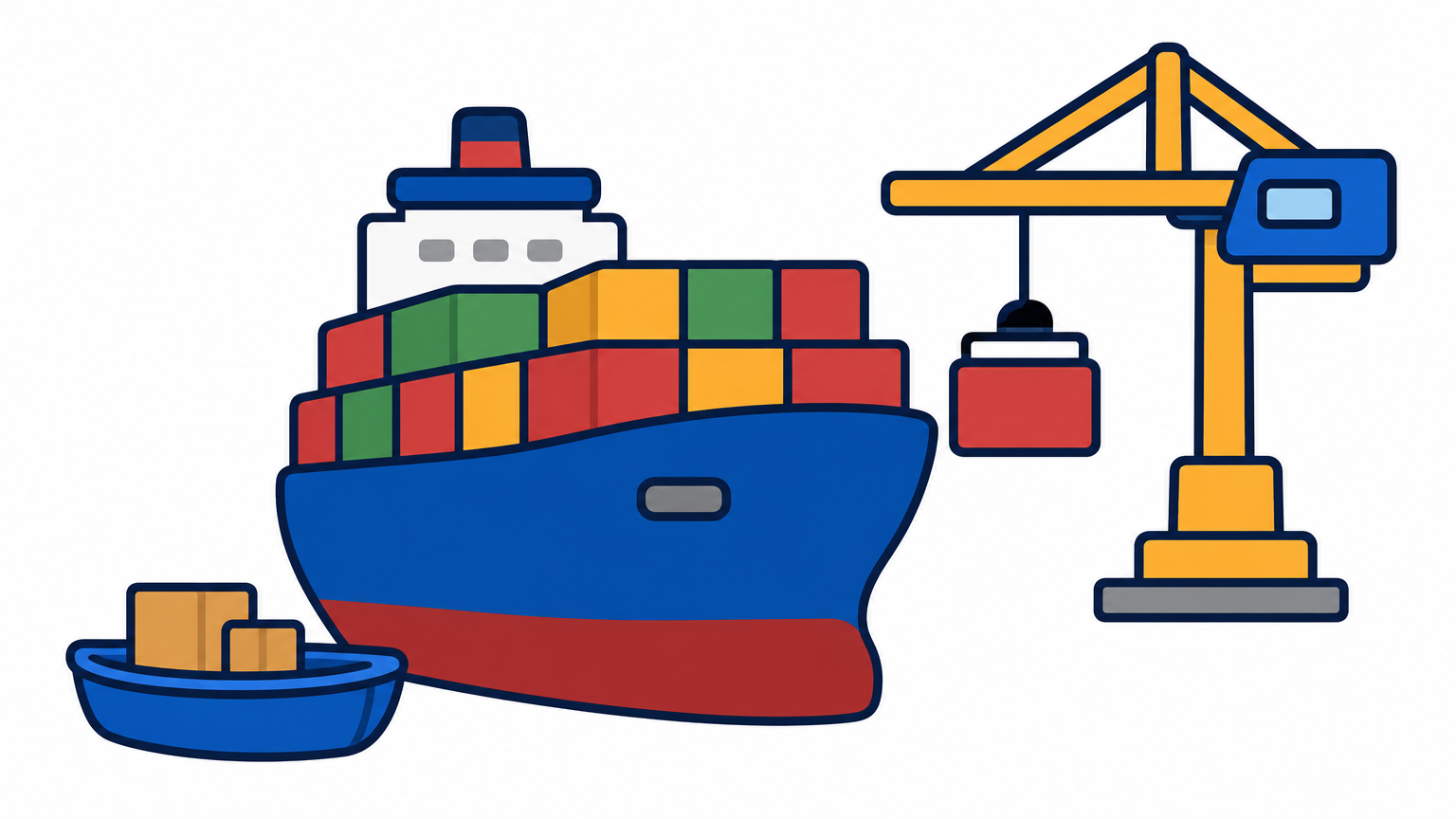 A large container ship at a port crane while a small rowboat with parcels waits nearby.