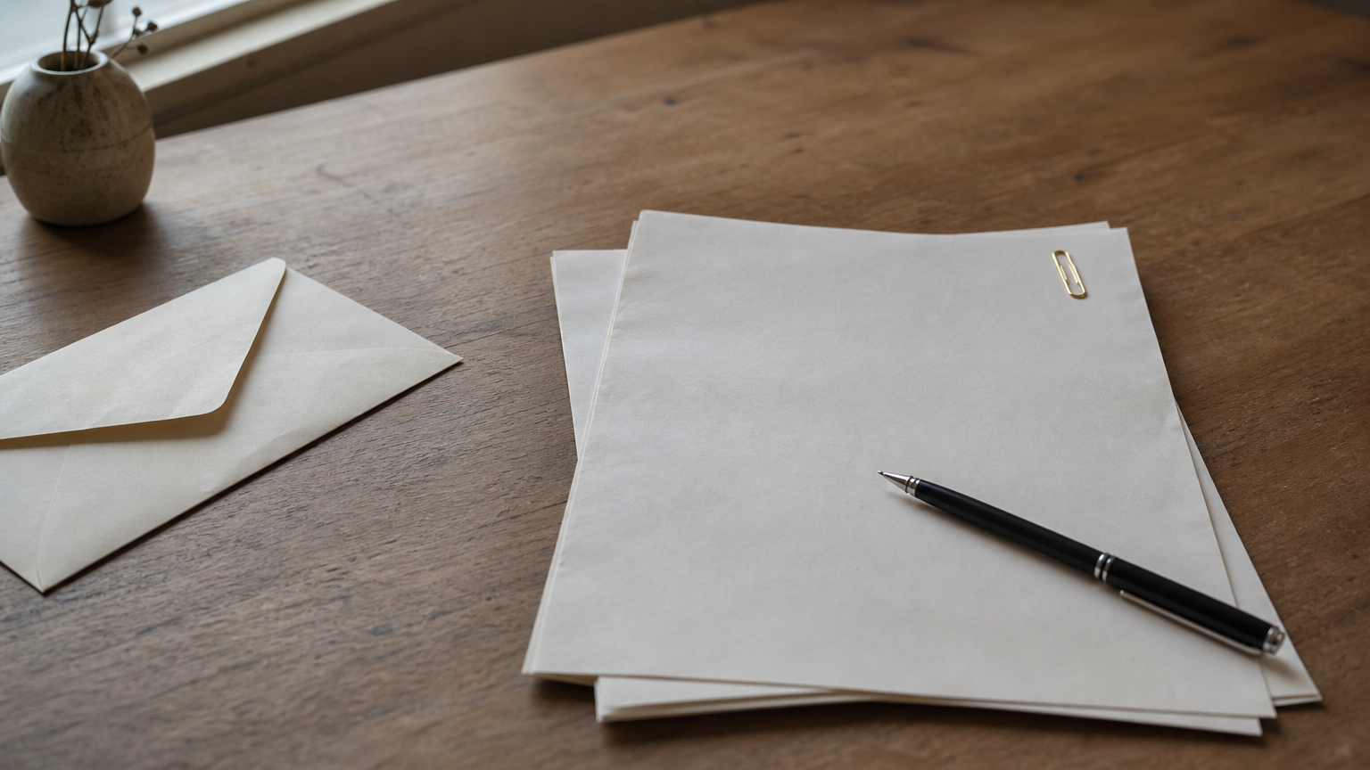 A typed two-page letter with a pen on the signature line and an envelope nearby.