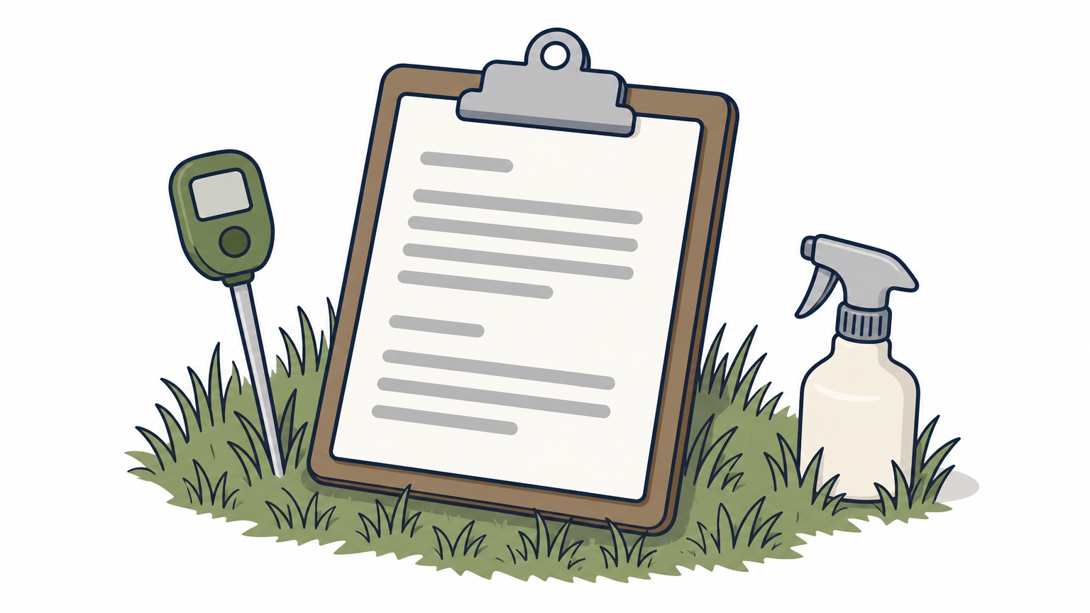 Clipboard with an estimate on a lawn next to a soil thermometer and spray bottle.