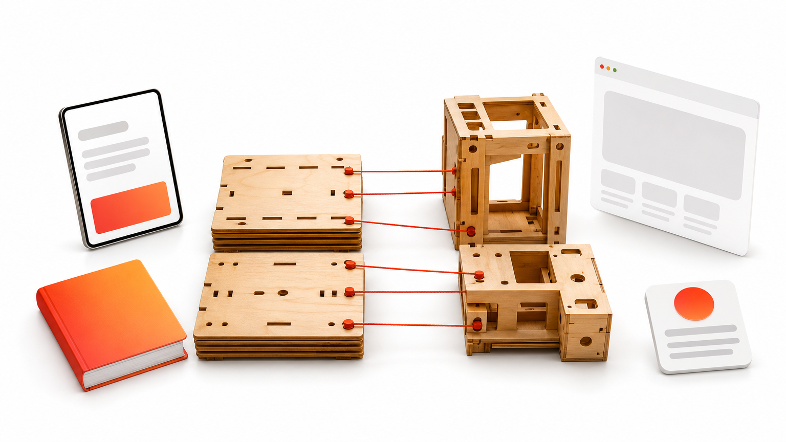 Two sets of building blocks linked by strings, pairing design pieces with matching modules.