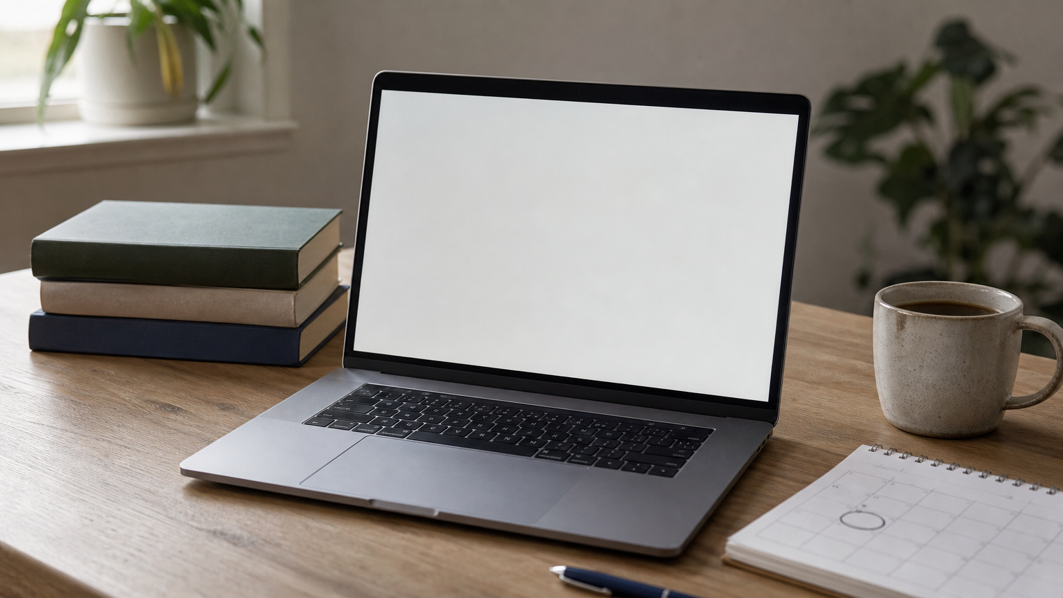 Laptop showing a tutor profile on a desk with textbooks, coffee, and a marked calendar.