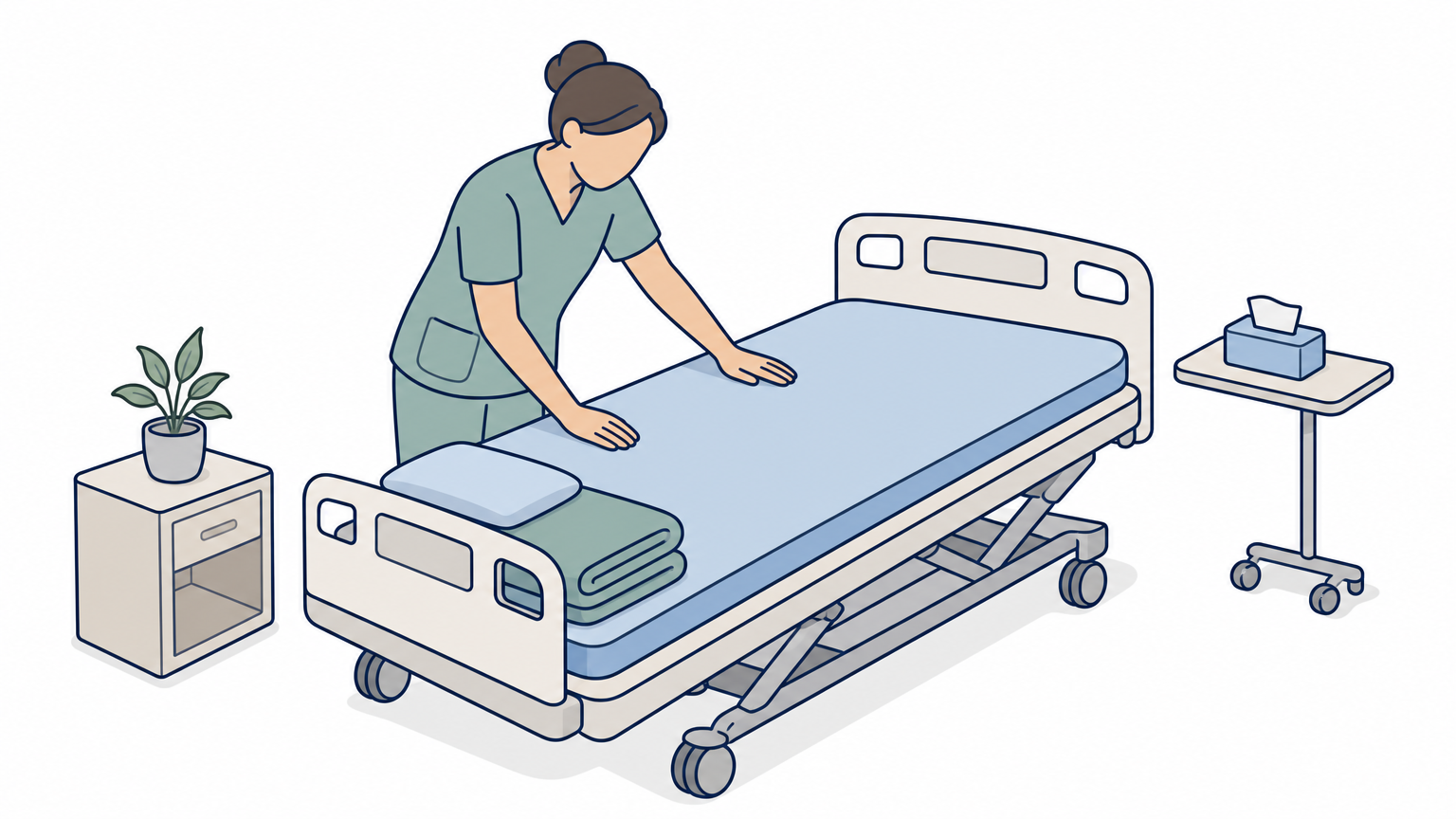 Caregiver's hands smoothing a gel overlay on a hospital bed with a folded blanket nearby.