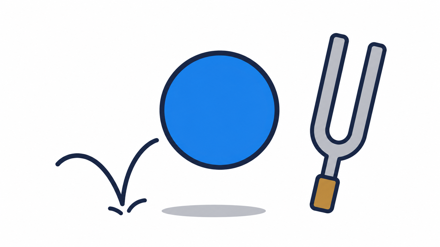 A small ball bouncing off a table next to a tuning fork, suggesting an echoing bounce.