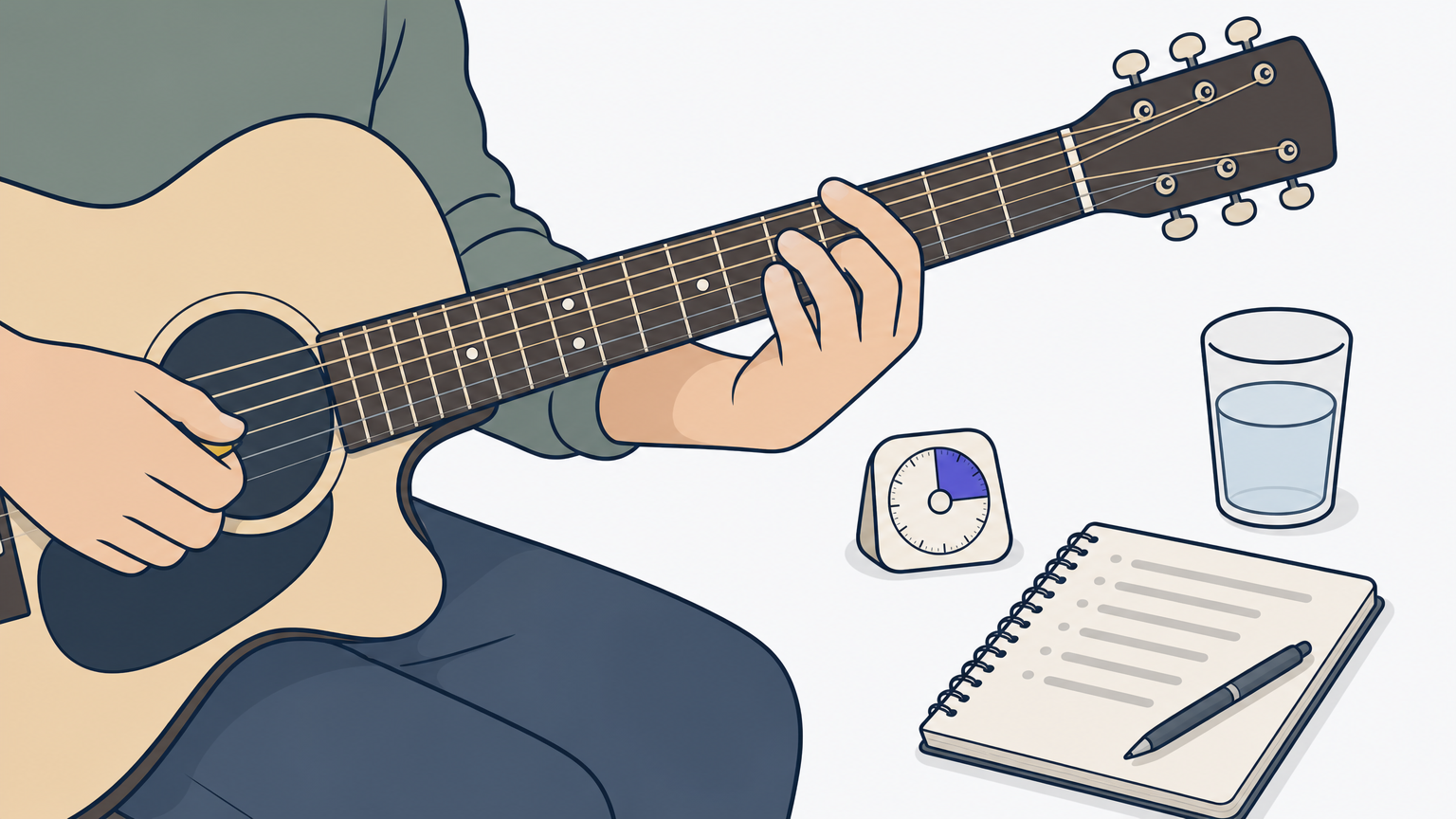 Hands on a guitar fretboard with a kitchen timer, water glass, and practice notebook nearby.
