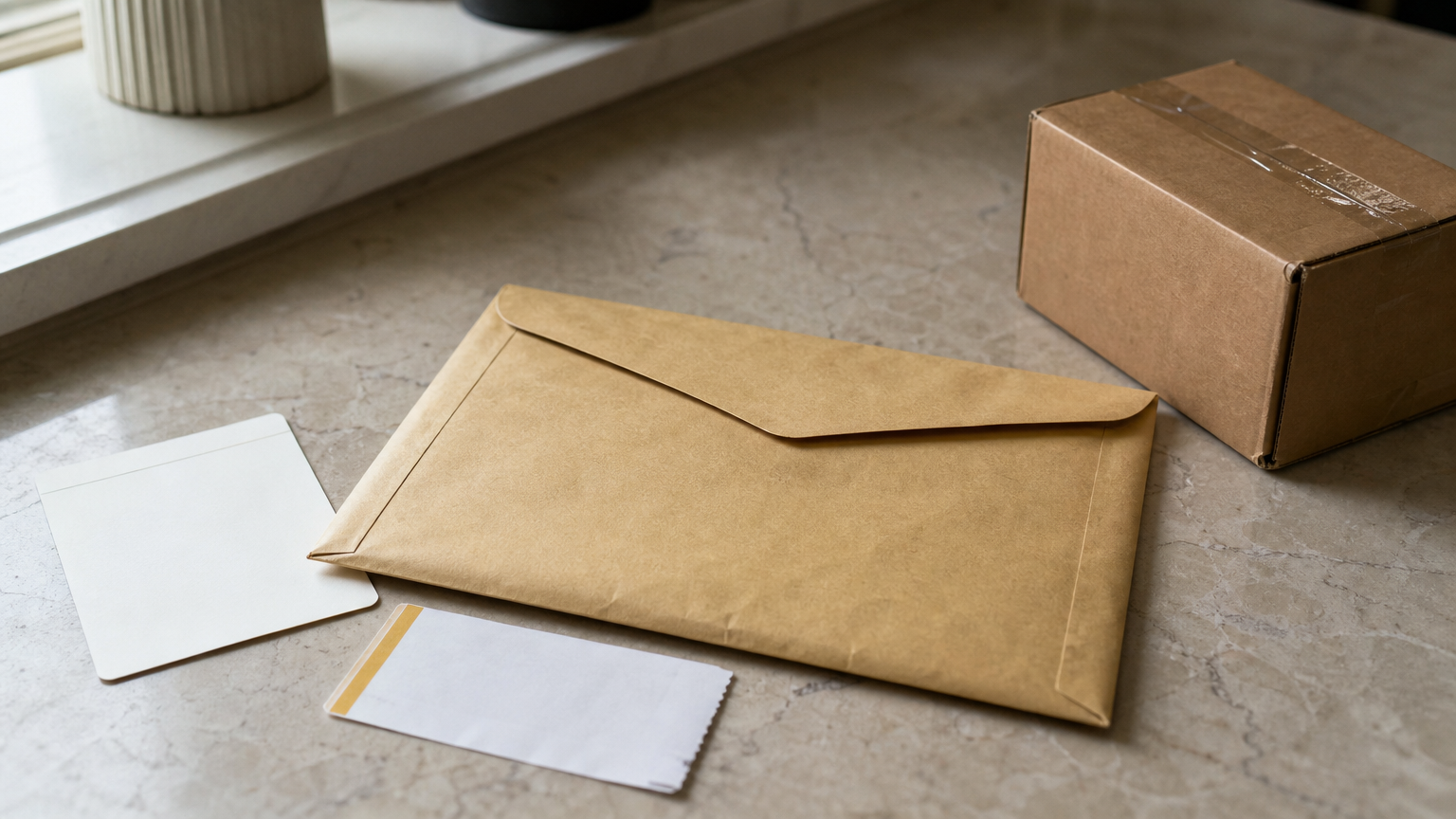 A sealed envelope, a receipt slip, a signed acknowledgment card, and a courier parcel on a counter.