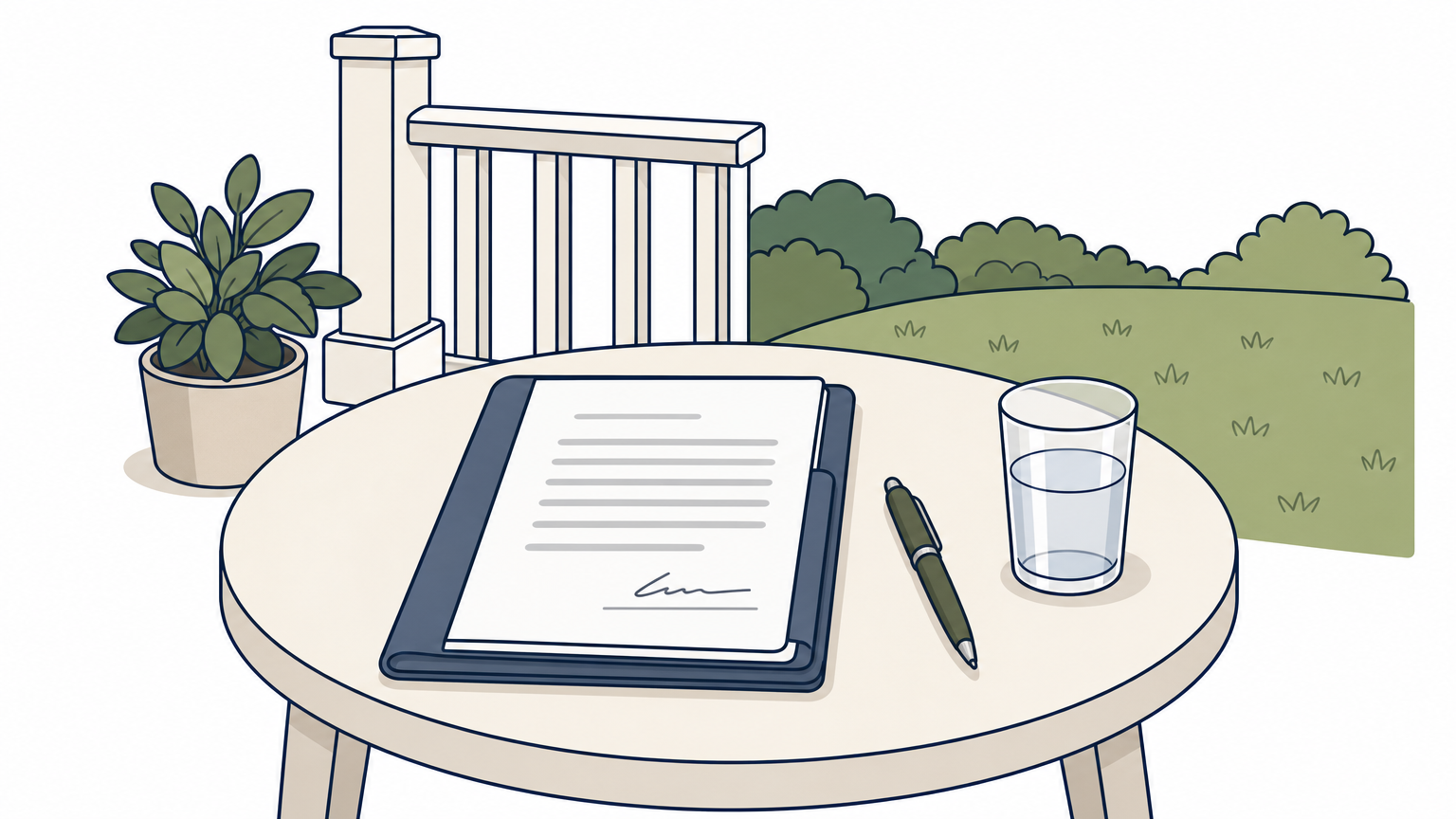 Porch table with a contract folder and pen in front of a green lawn.