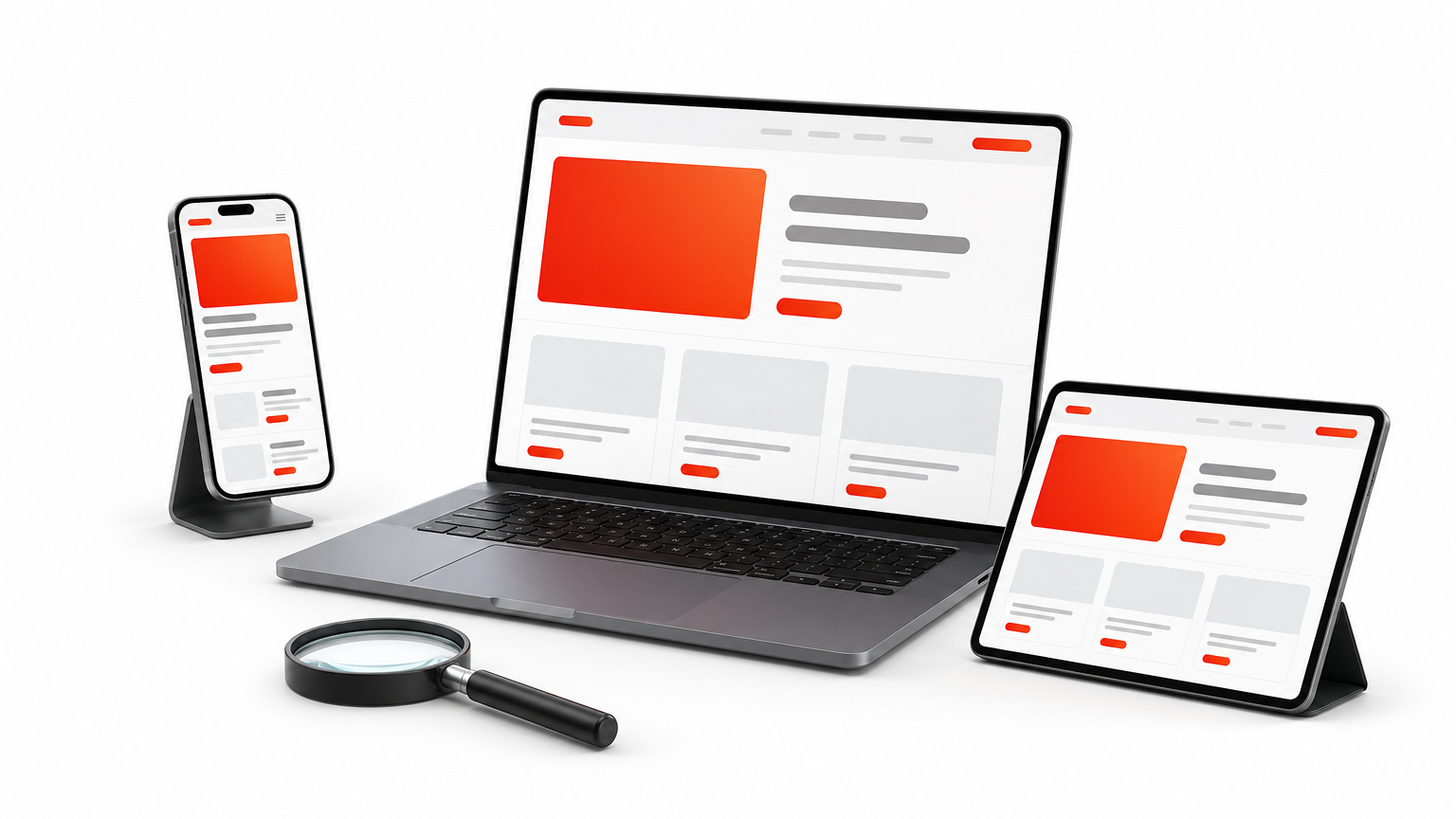 A phone, tablet, and laptop showing the same website layout with a magnifying glass in front.