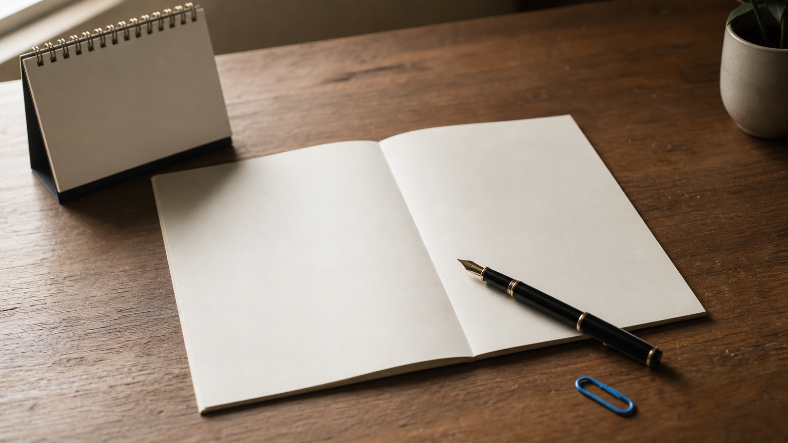 A two-page policy document with a pen on the signature line, beside a small calendar.
