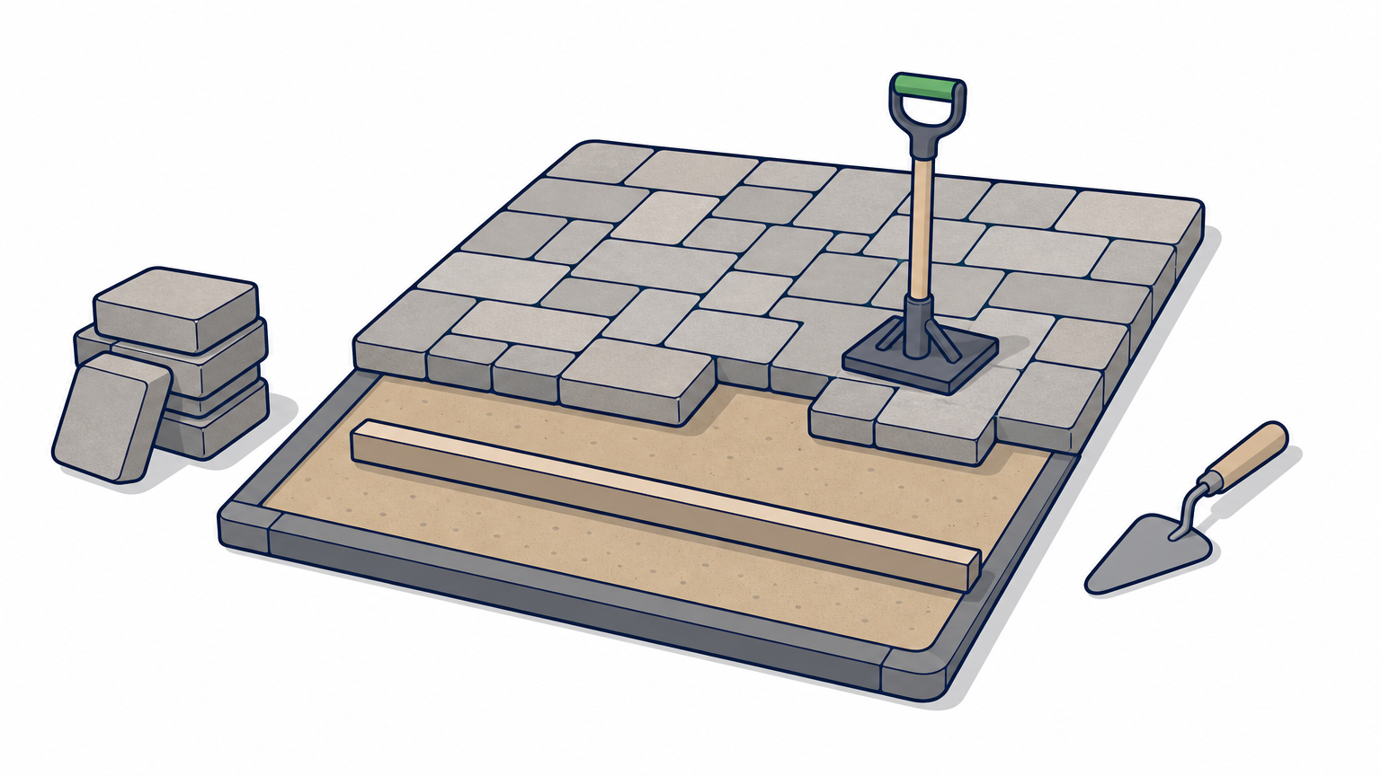 Partly finished paver patio with a hand tamper, screed board, and stacked pavers on a leveled sand bed.
