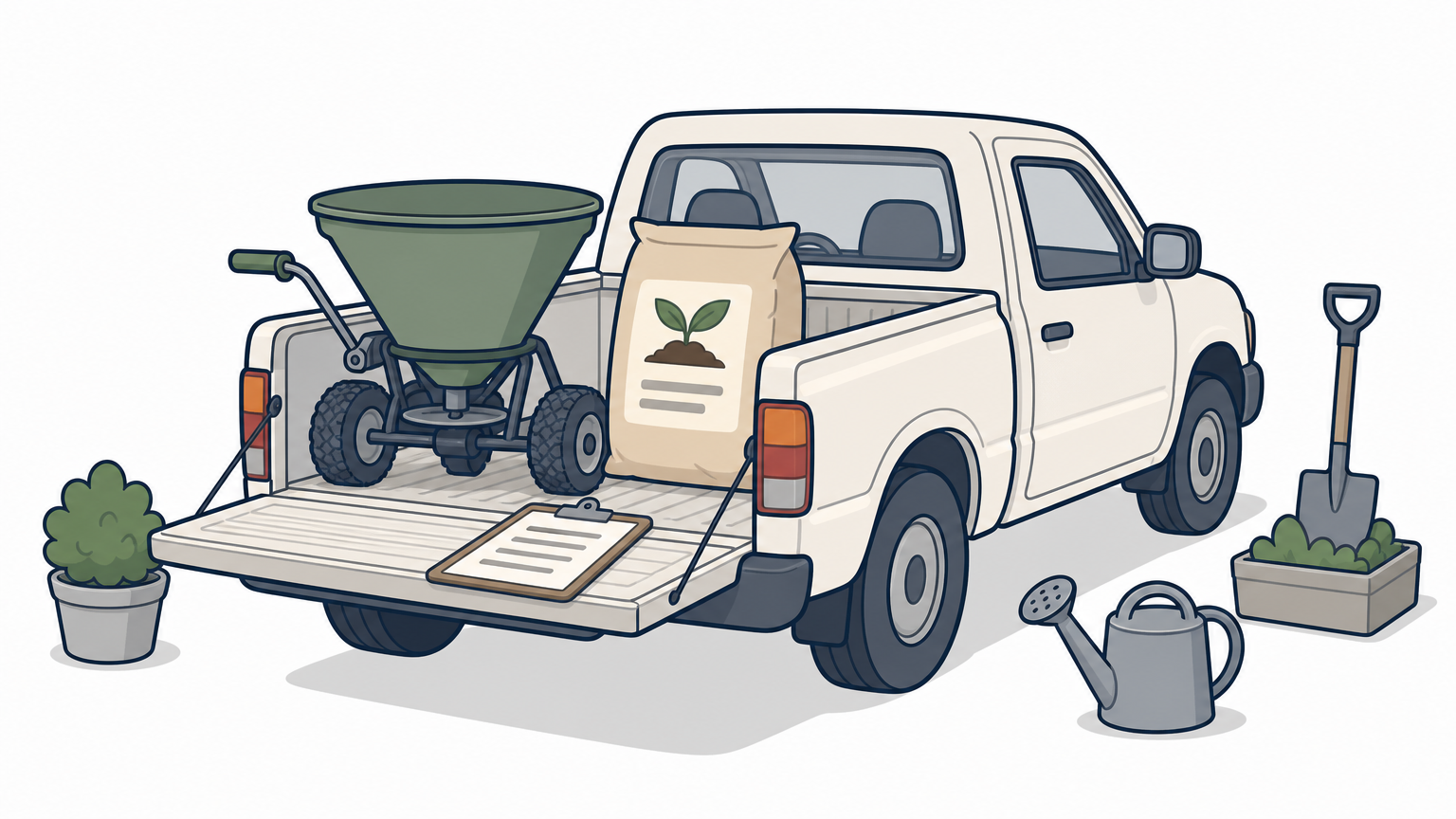 Pickup truck with compost spreader and fertilizer bag parked beside a residential lawn.
