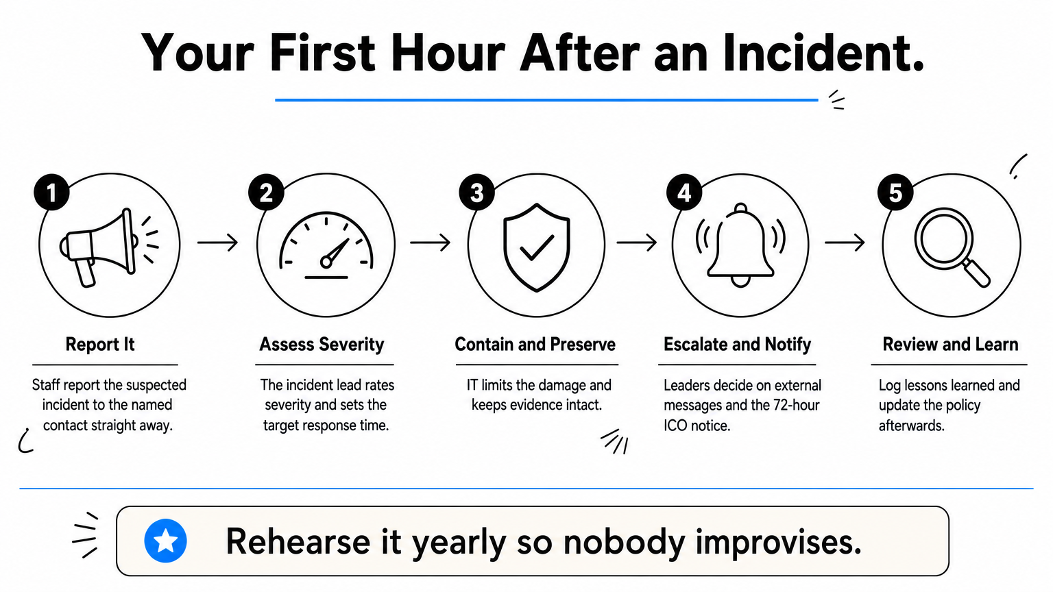 Five-step process showing the first hour of incident response, from reporting to lessons learned.
