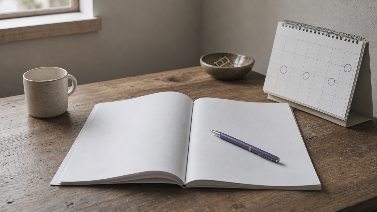 A short printed plan on a desk next to a marked wall calendar and a pen.