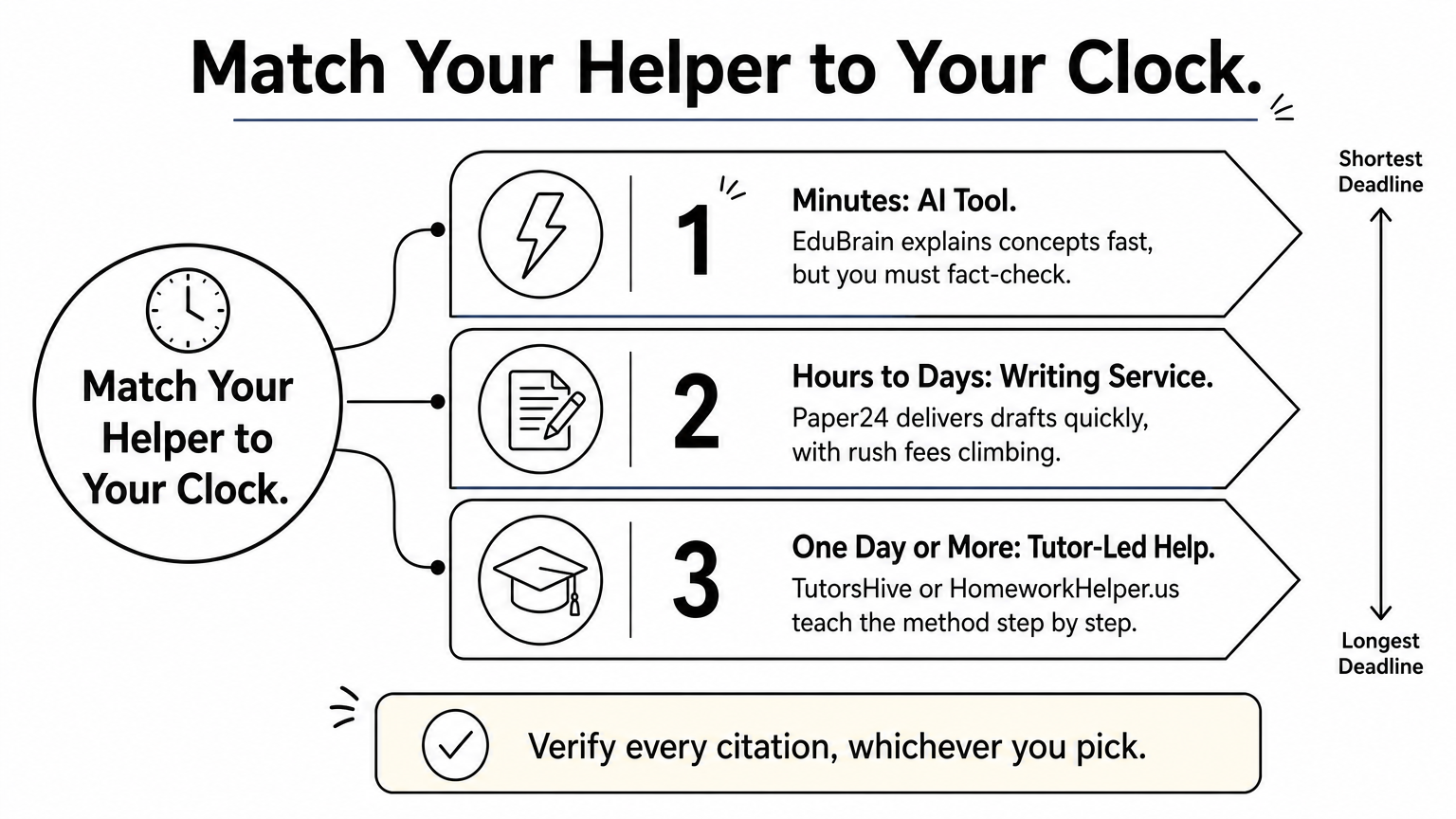 Three-step ladder matching AI tools, writing services, and tutors to shorter and longer deadlines.